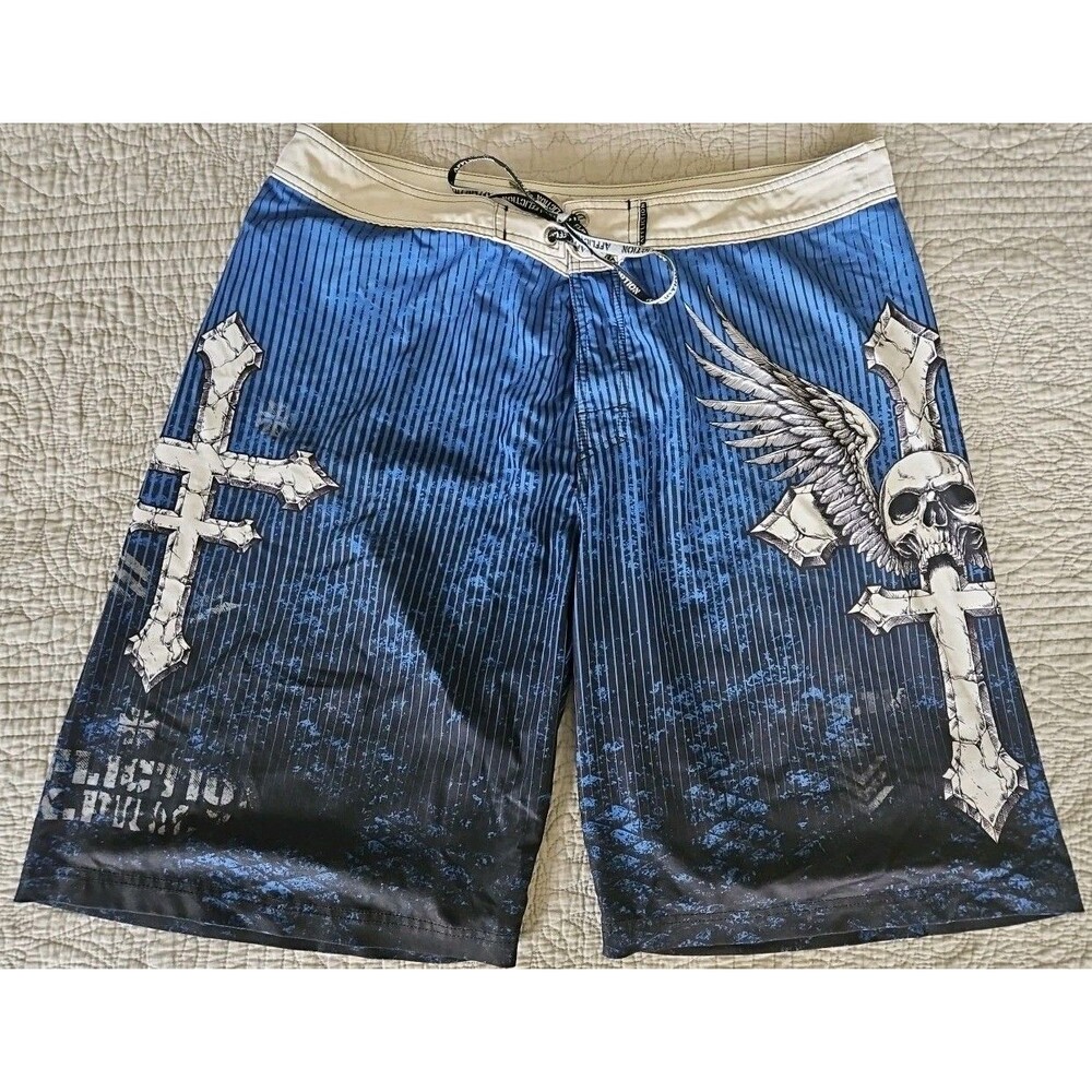 Affliction Mens Blue Board Short Size 40 Skull Cross Y2K Style Grunge Skater